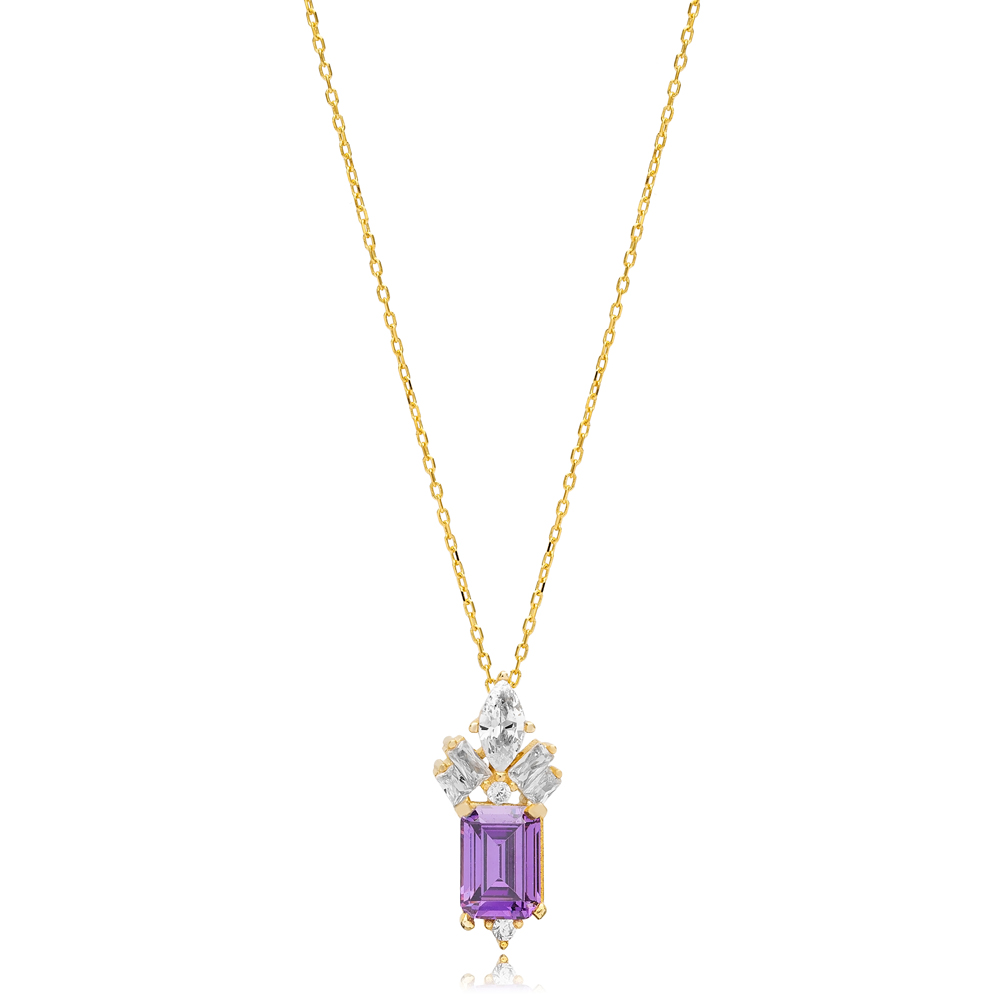 Rectangle Shape Amethyst Stone with Zircon Stone Charm Necklace Turkish Handmade 925 Silver Jewelry