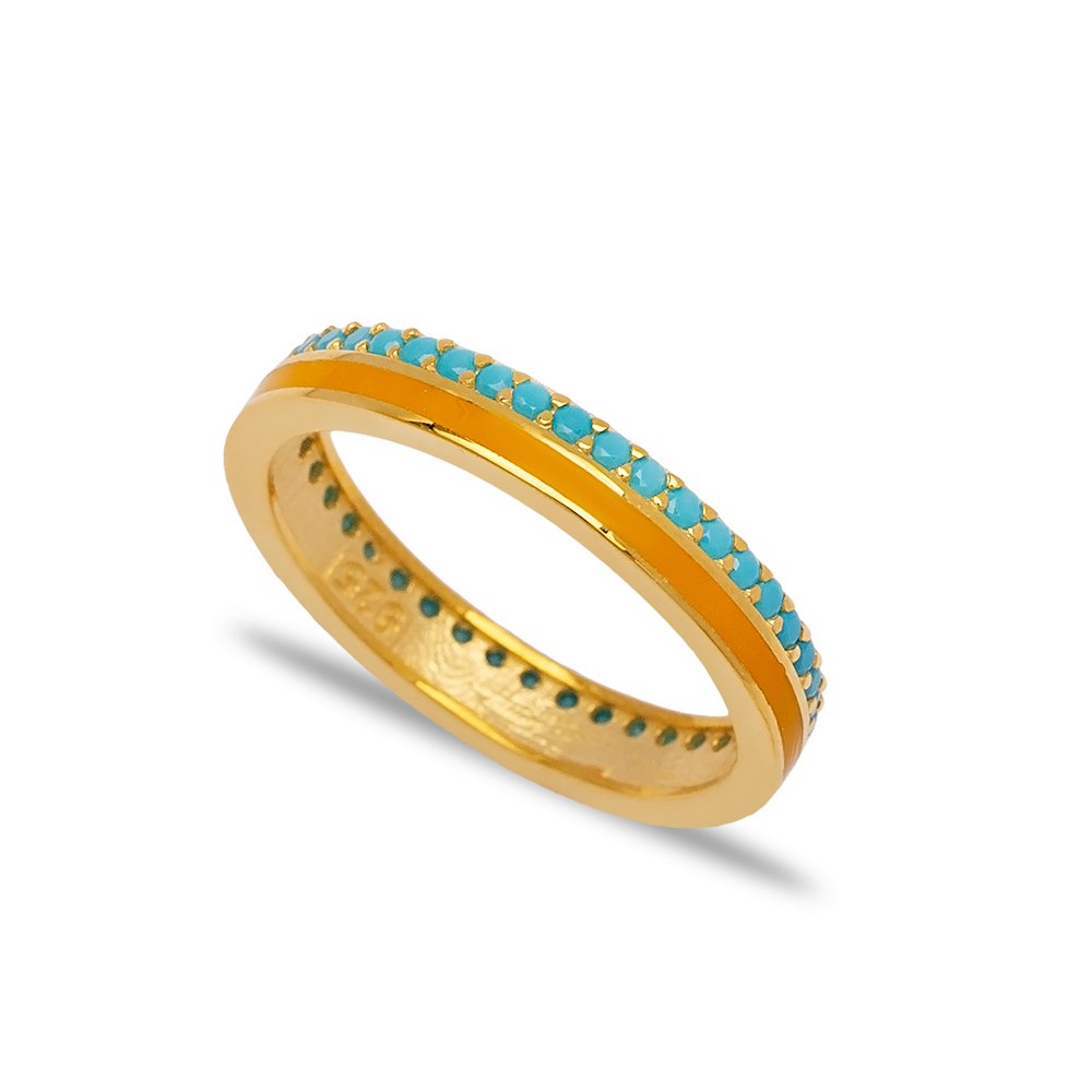 Orange Enamel Design Turquoise Stone Band Ring Turkish Handmade 925 Sterling Silver Jewelry