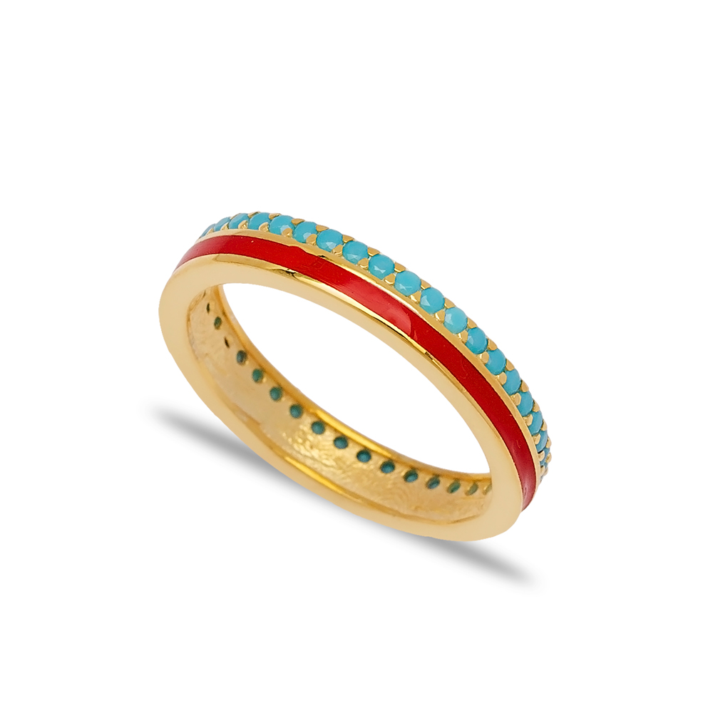 Red Enamel Design Turquoise Stone Band Ring Turkish Handmade 925 Sterling Silver Jewelry