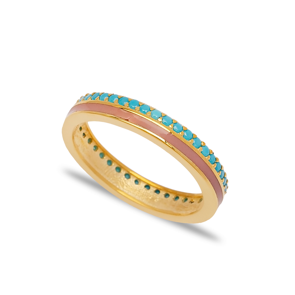 Pink Enamel Design Turquoise Stone Band Ring Turkish Handmade 925 Sterling Silver Jewelry