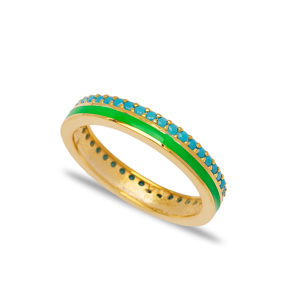 Green Enamel Design Turquoise Stone Band Ring Turkish Handmade 925 Sterling Silver Jewelry