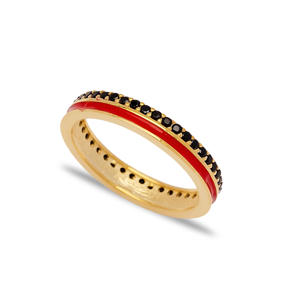 Red Enamel Design Black Zircon Stone Band Ring Turkish Handmade 925 Sterling Silver Jewelry