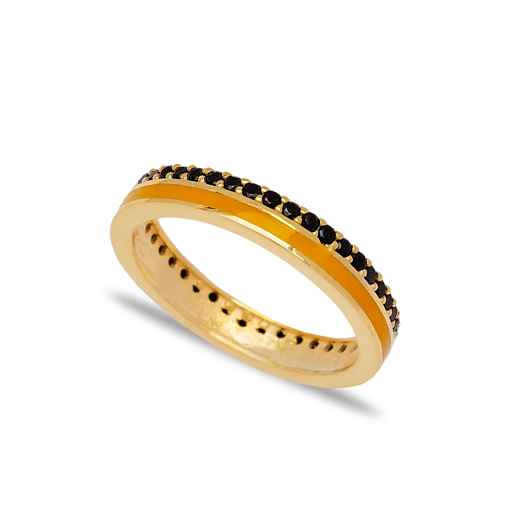 Orange Enamel Design Black Zircon Stone Band Ring Turkish Handmade 925 Sterling Silver Jewelry