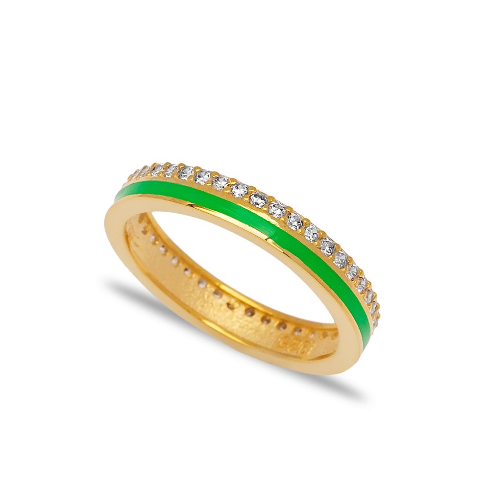 Green Enamel Design Clear Zircon Stone Band Ring Turkish Handmade 925 Sterling Silver Jewelry