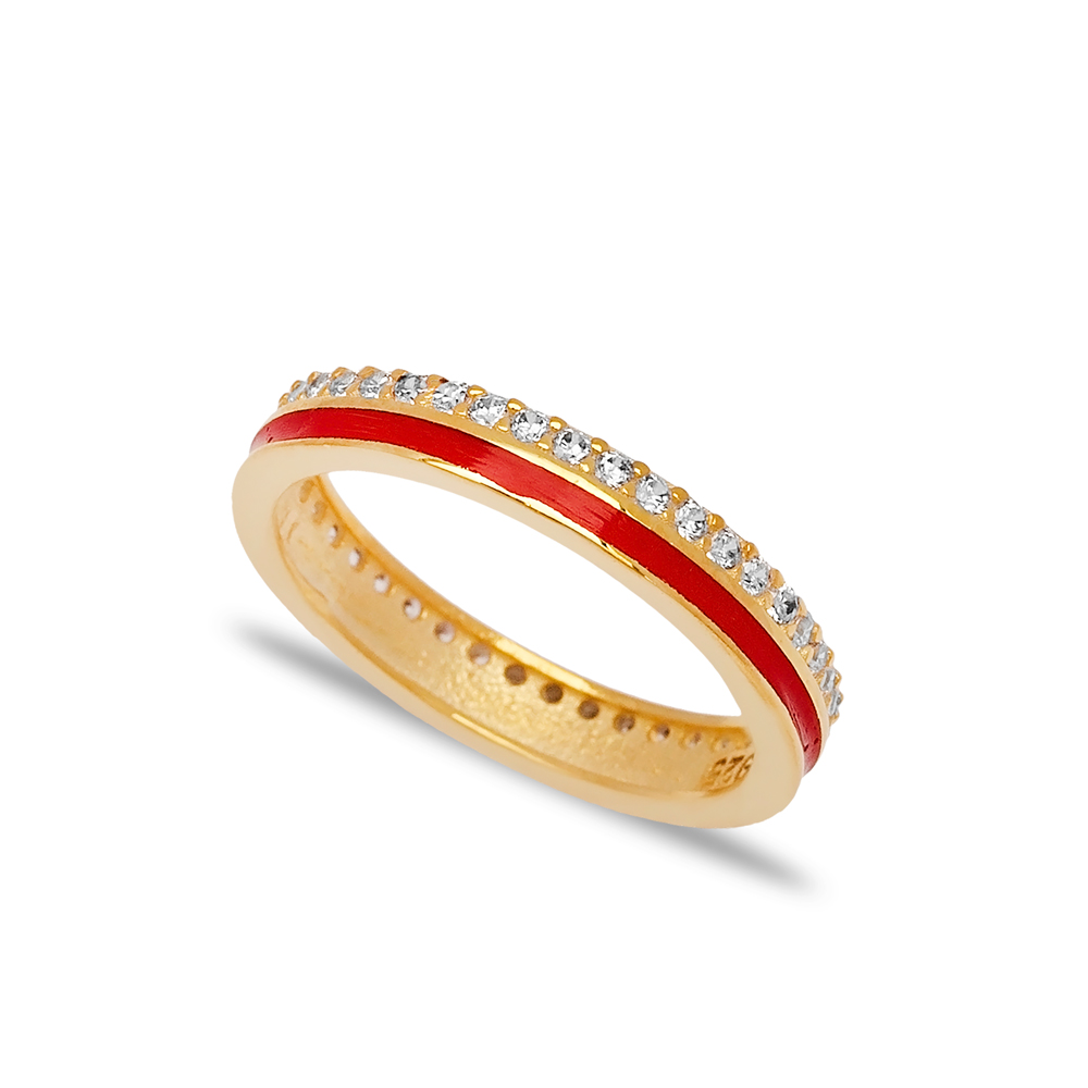 Red Enamel Design Clear Zircon Stone Band Ring Turkish Handmade 925 Sterling Silver Jewelry