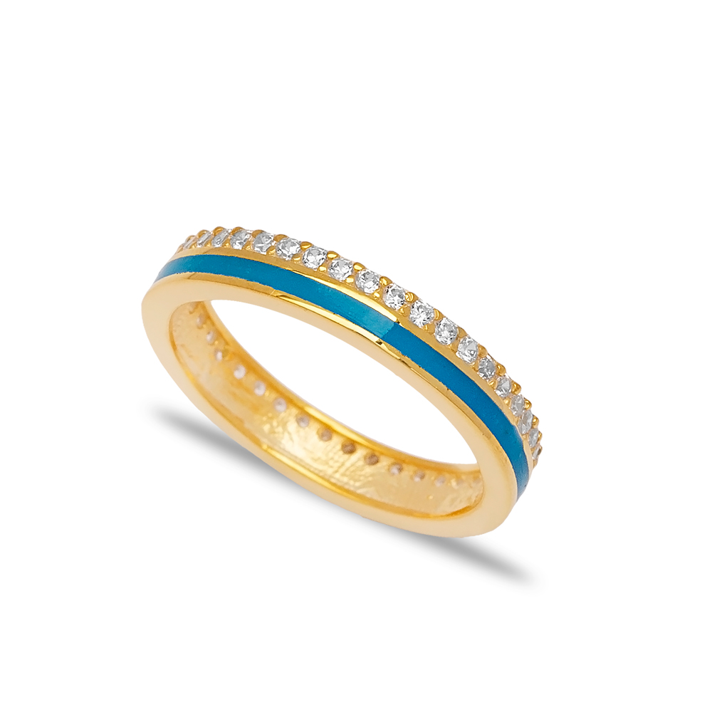 Blue Enamel Design Clear Zircon Stone Band Ring Turkish Handmade 925 Sterling Silver Jewelry