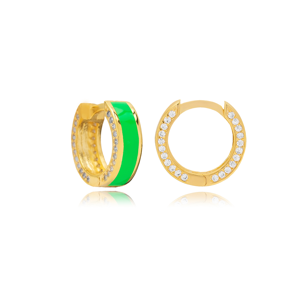 Bright Green Color Enamel Design Shiny Zircon Stone Hoop Earrings 925 Sterling Silver Jewelry