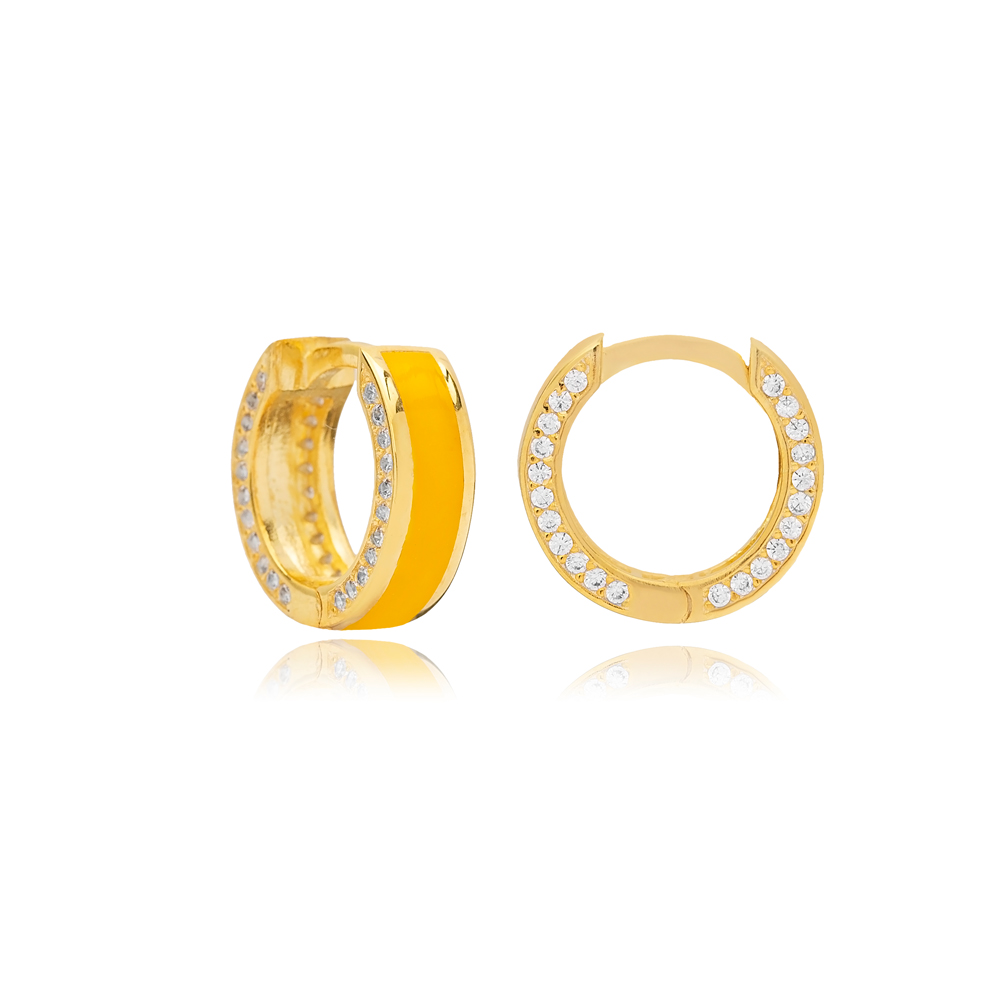 Mustard Yellow Color Enamel Design Shiny Zircon Stone Hoop Earrings 925 Sterling Silver Jewelry