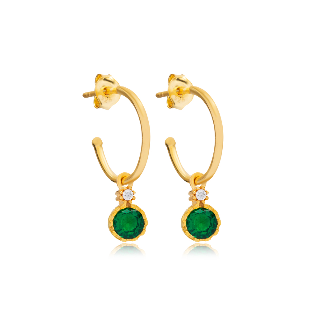 Round Shape Emerald Stone Hoop Earrings For Woman Turkish Handmade 925 Sterling Silver Jewelry