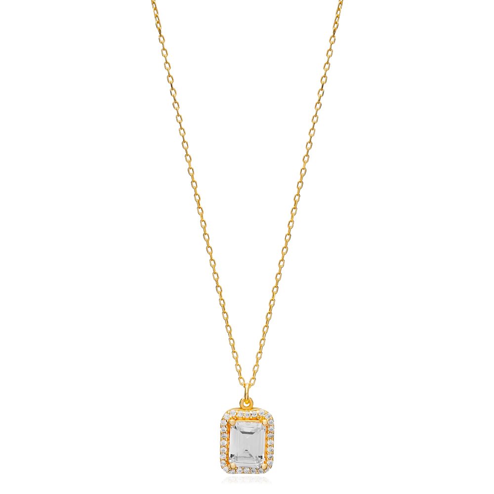 Dainty Square Shape Shiny Zircon Stone Charm Necklace Turkish Handmade 925 Sterling Silver Jewelry