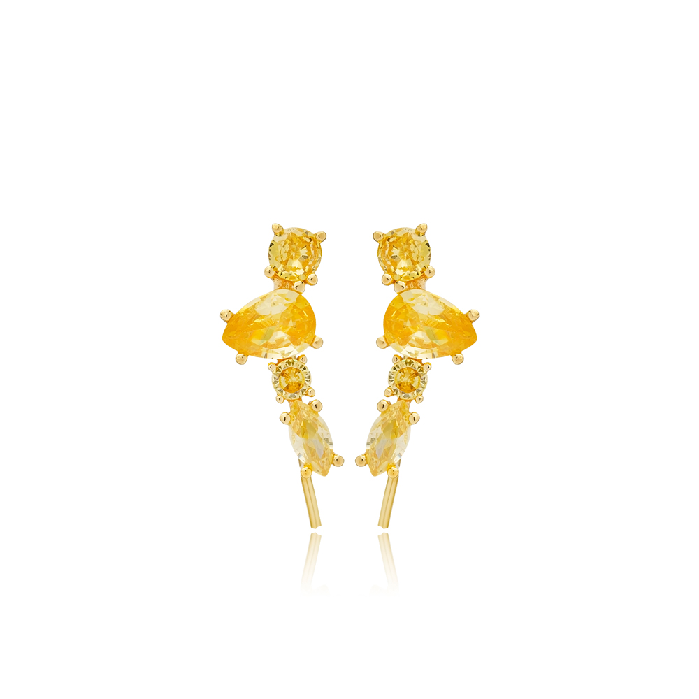 Citrine Zircon Stone Pear Round Marquise Cut Stylish Ear Cuff 925 Sterling Silver Earrings