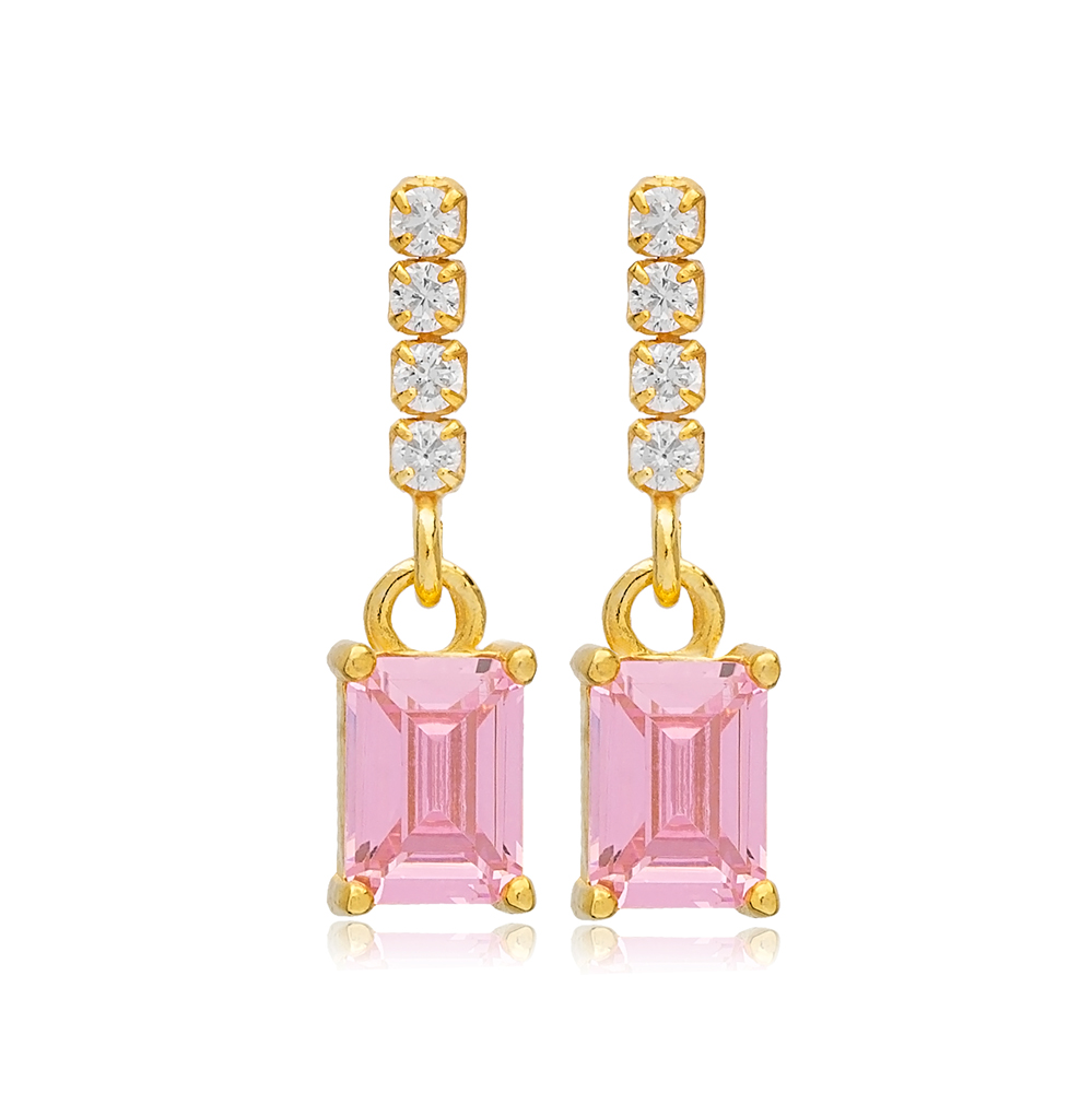 Rectangle Shape Pink Quartz with Zircon Stone Stud Earrings 925 Sterling Silver Jewelry