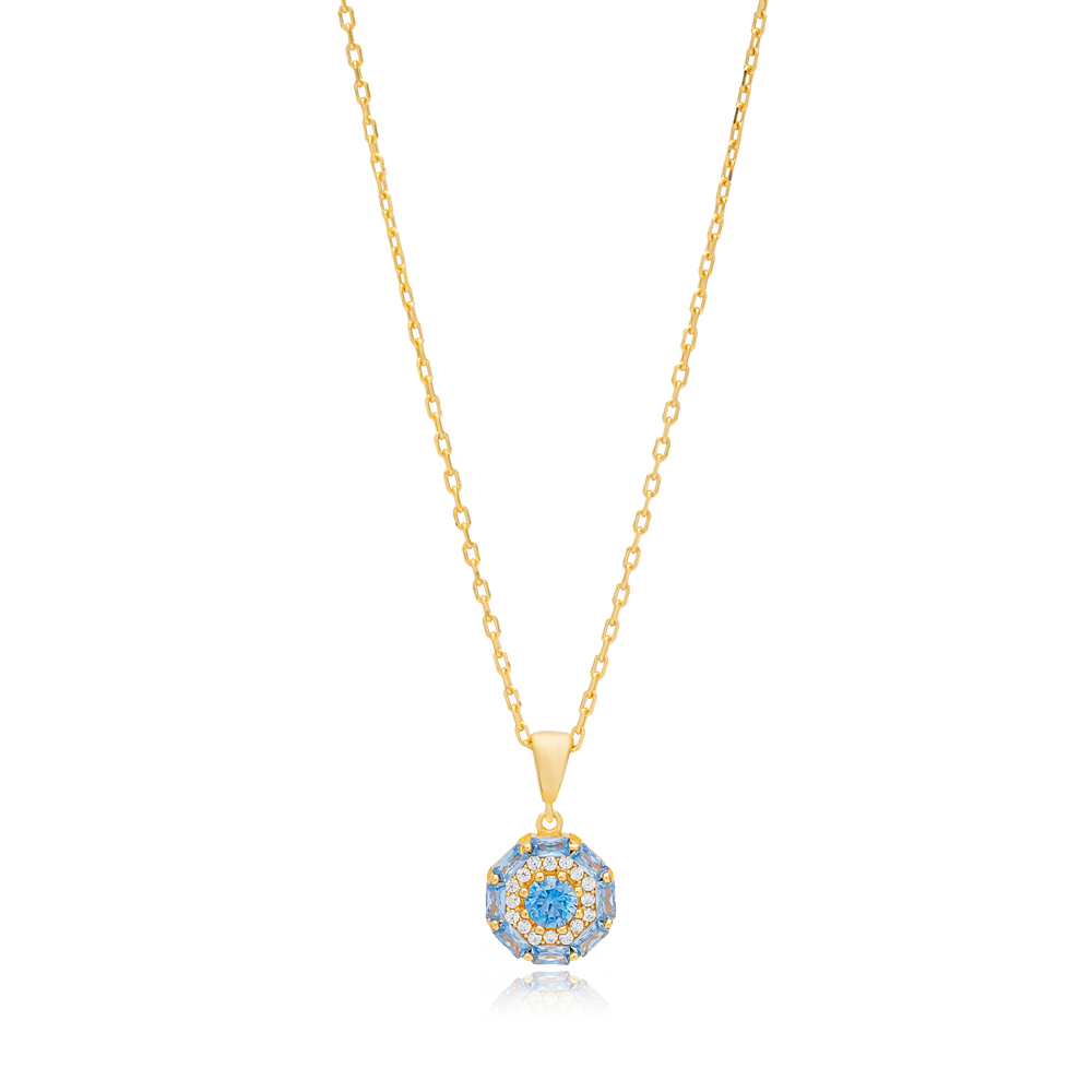 Round Shape Aquamarine with Zircon Stone Charm Necklace Turkish Handmade 925 Sterling Silver Jewelry
