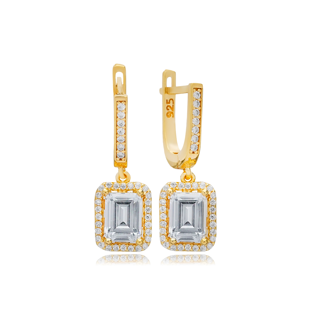 Rectangle Shape Clear Zircon Stone Dangle Earrings Turkish Handmade 925 Sterling Silver Jewelry