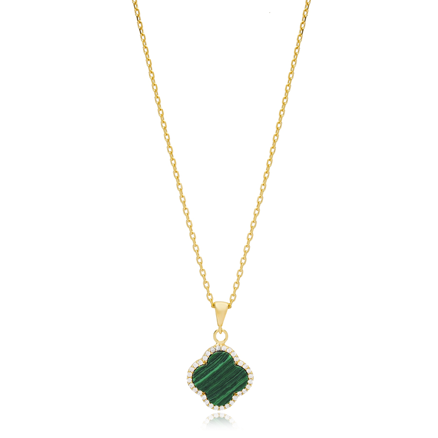 Clover Design Malachite with Zircon Stone Charm Necklace 925 Sterling Silver Jewelry