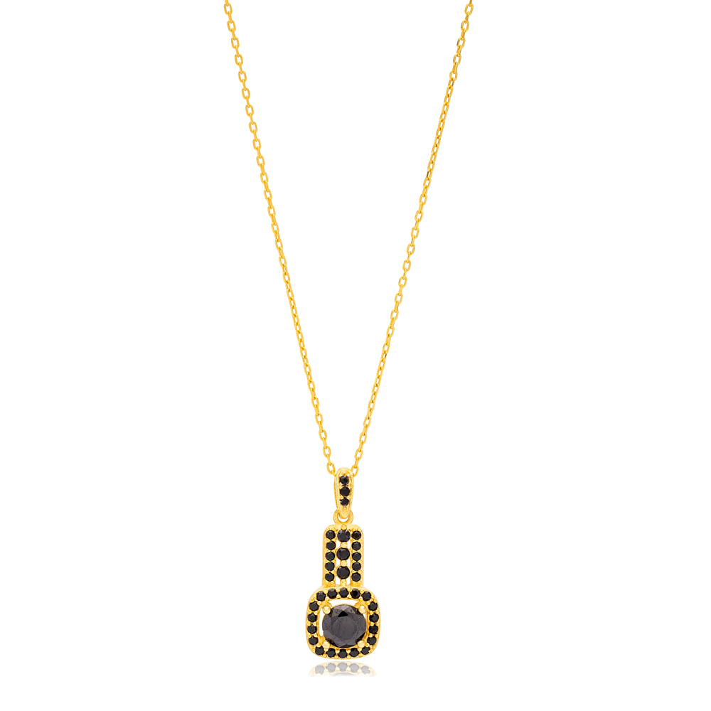Elegant Design Round Black Zircon Stone Square Charm Necklace 925 Sterling Silver Jewelry