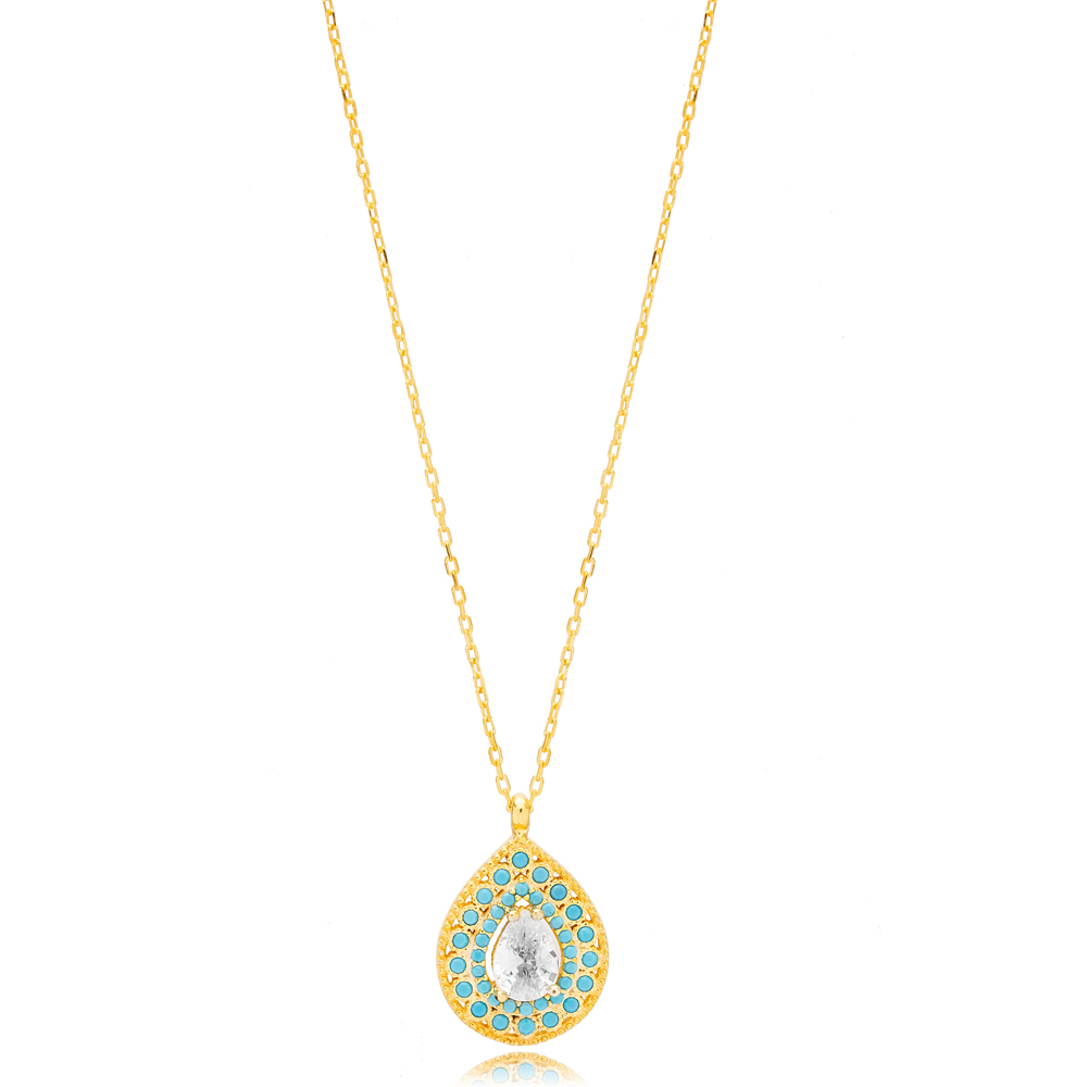 Pear Cut Zircon Stone with Turquoise Stone Pear Shape Charm Necklace 925 Sterling Silver Jewelry