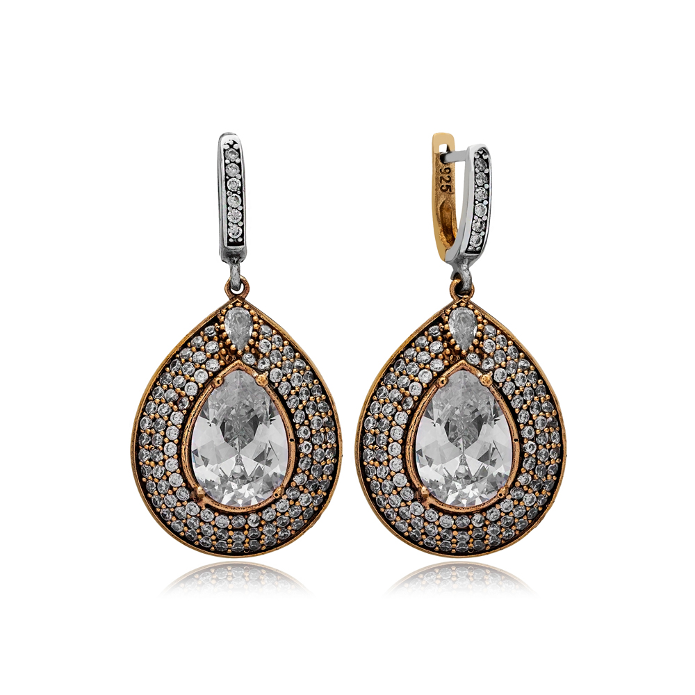 Drop Shape Zircon Stone Authentic Silver Earrings Turkish Handmade 925 Sterling Silver Jewelry