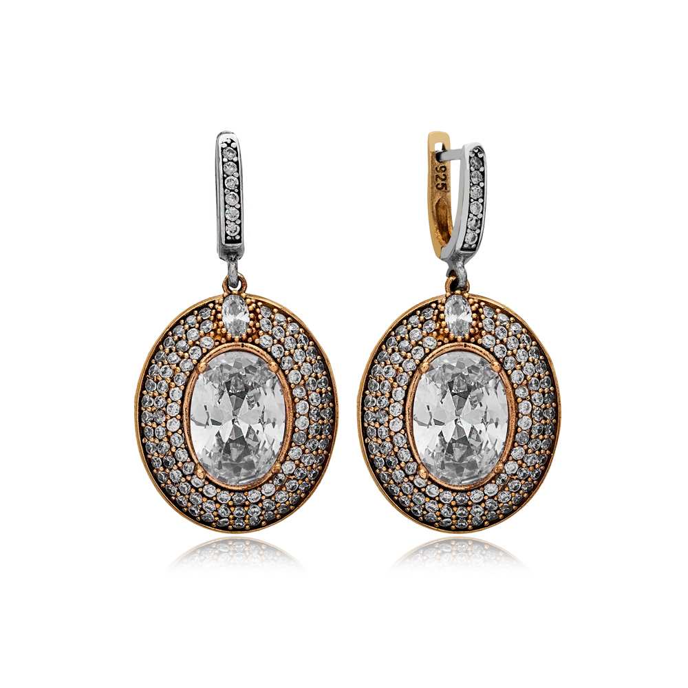 Oval Shape Zircon Stone Authentic Silver Earrings Turkish Handmade 925 Sterling Silver Jewelry