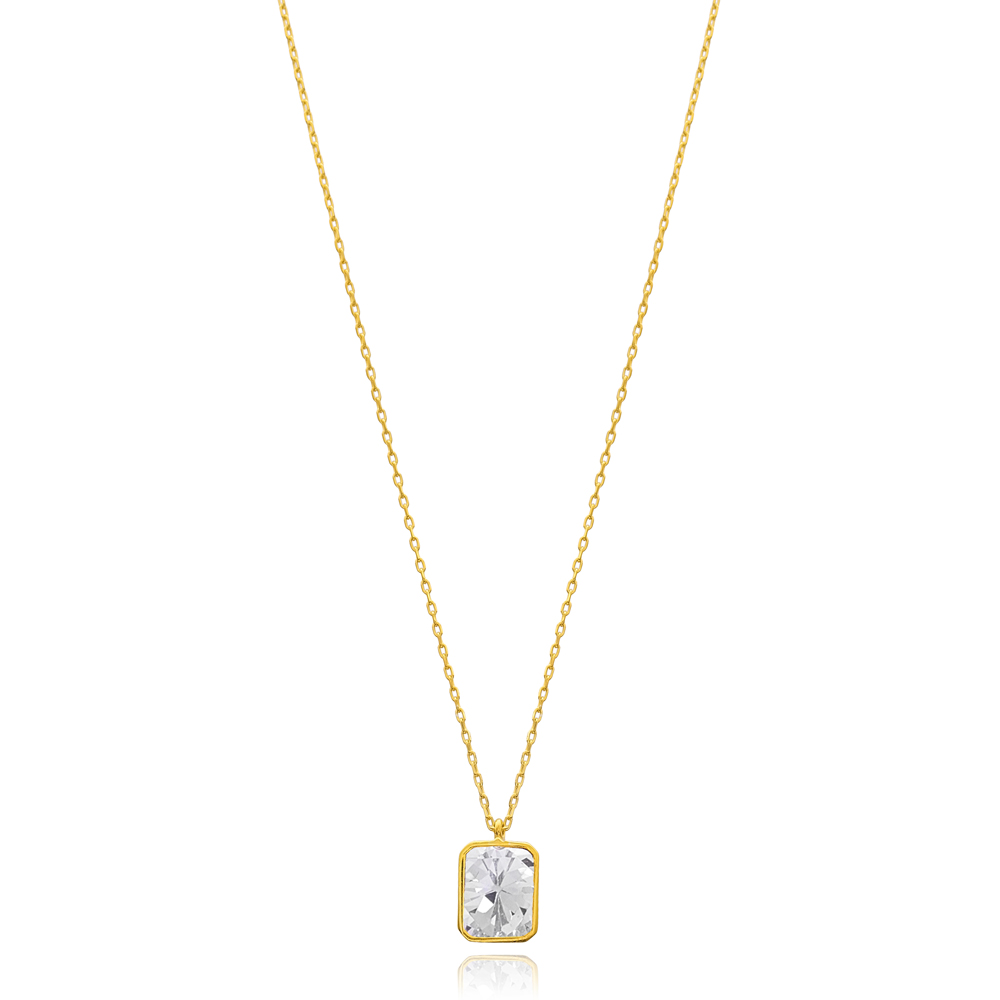 Square Shape Zircon Stone Minimalist Design Charm Necklace Turkish Handmade Wholesale 925 Silver Sterling Jewelry