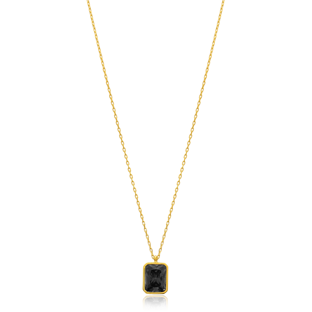 Square Shape Black Zircon Stone Minimalist Design Charm Necklace Turkish Handmade Wholesale 925 Silver Sterling Jewelry