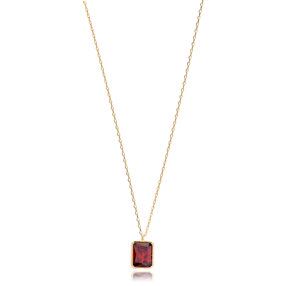 Square Shape Garnet Stone Minimalist Design Charm Necklace Turkish Handmade Wholesale 925 Silver Sterling Jewelry