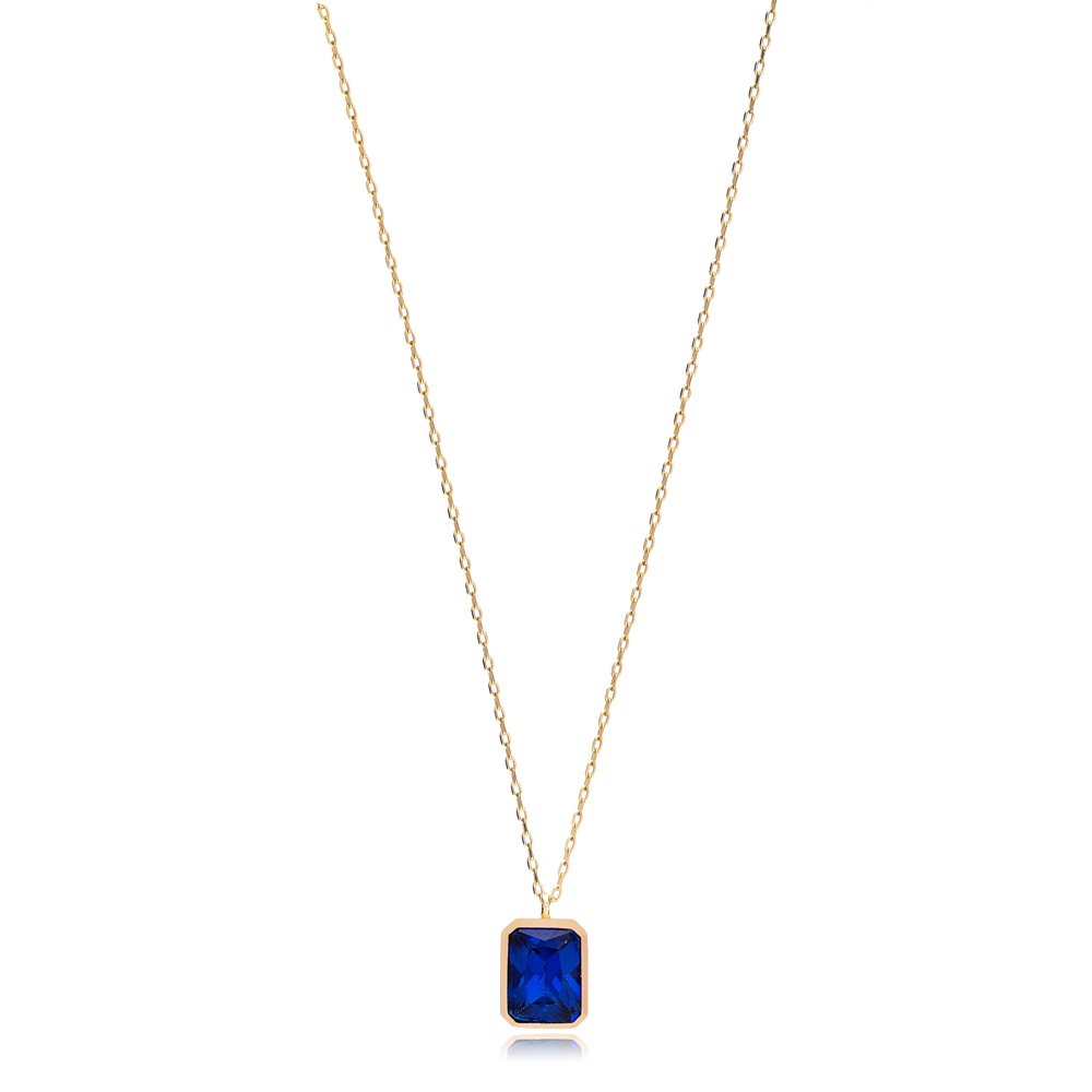 Square Shape Sapphire Stone Minimalist Design Charm Necklace Turkish Handmade Wholesale 925 Silver Sterling Jewelry