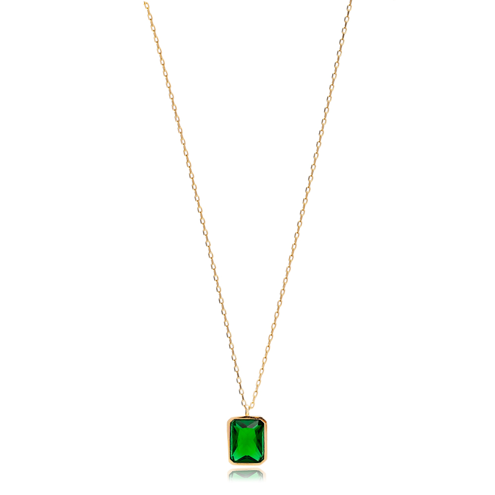 Square Shape Emerald Stone Minimalist Design Charm Necklace Turkish Handmade Wholesale 925 Silver Sterling Jewelry