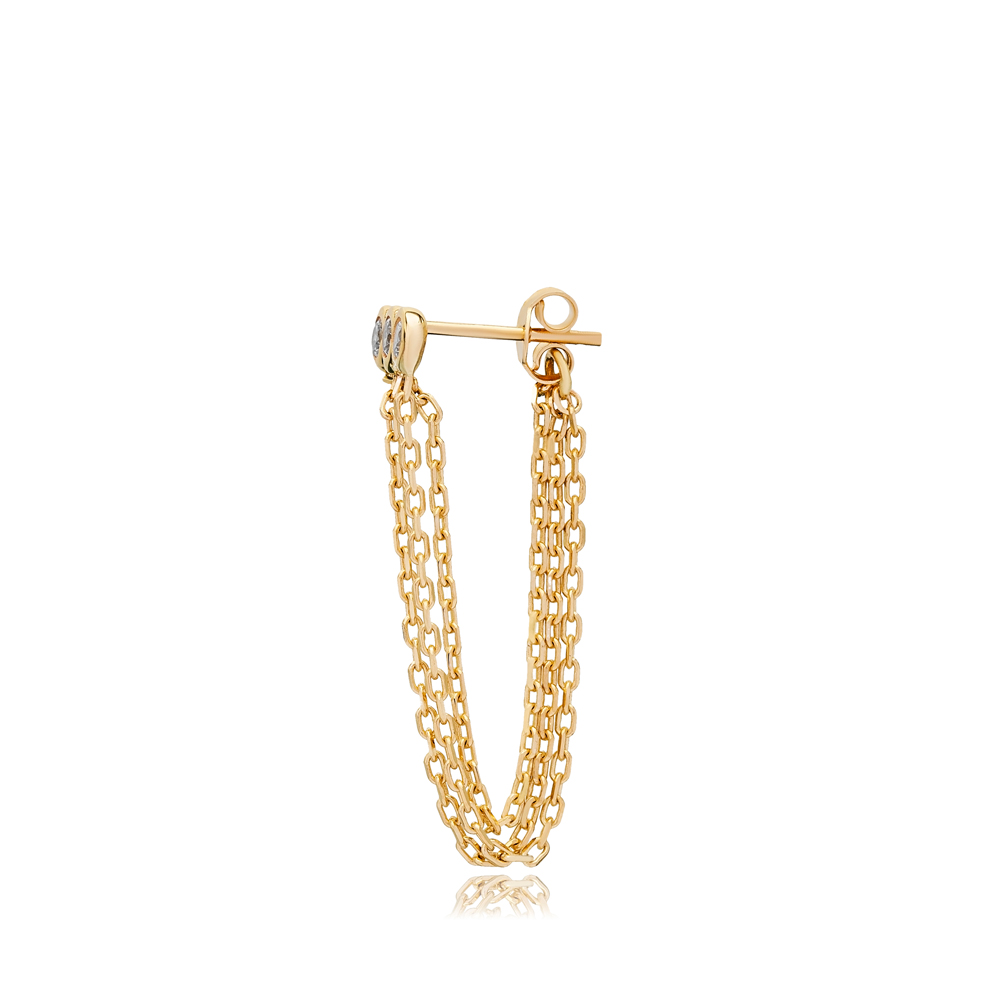 Triple Zircon Stone Chain Design Single Earring Turkish Handmade 925 Silver Sterling Jewelry