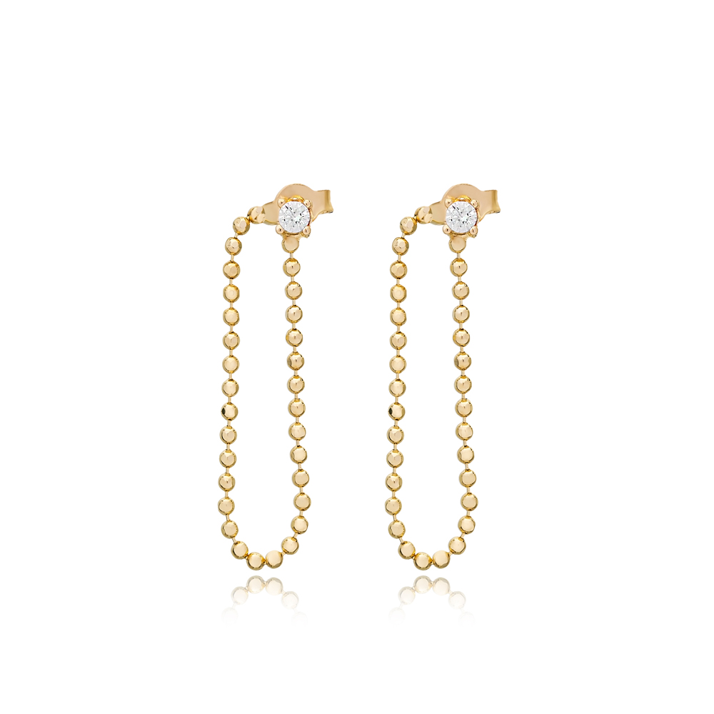 Ball Chain Design Zircon Stone Long Earrings Turkish Handmade 925 Silver Sterling Jewelry