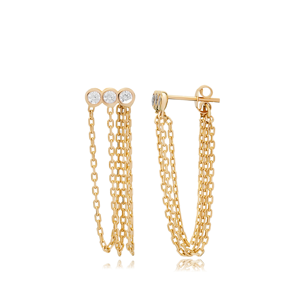 Triple Zircon Stone Chain Design Long Earrings Turkish Handmade 925 Silver Sterling Jewelry