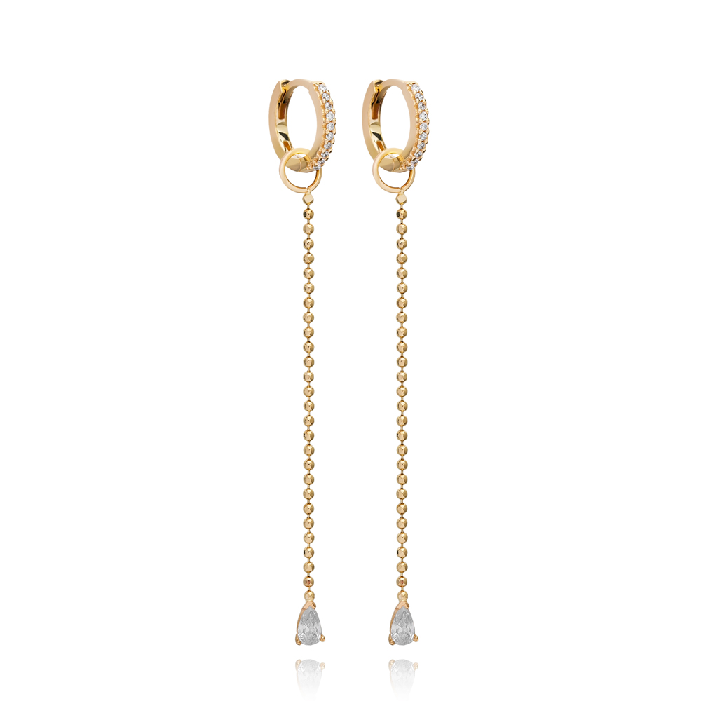 Ball Chain Design Pear Cut Zircon Stone Long Earrings Turkish Handmade 925 Silver Sterling Jewelry