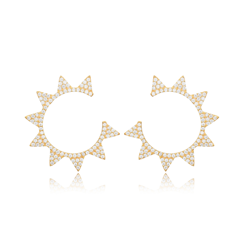 Dainty Sun Design Zircon Stone Stud Earrings Turkish Handmade Wholesale 925 Sterling Silver Jewelry
