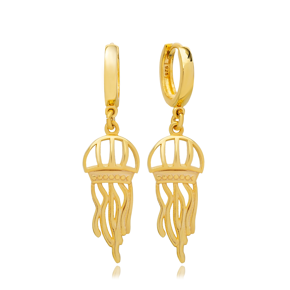 Plain Jellyfish Design Animal Trendy Dangle Earrings Turkish Handmade 925 Sterling Silver Jewelry