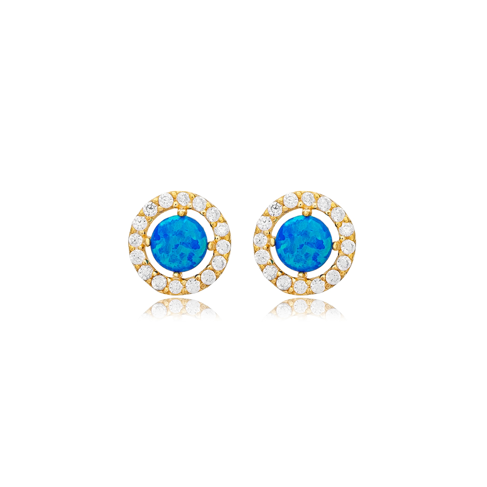 Blue Opal Stone Round Design Sterling Silver Stud Earrings