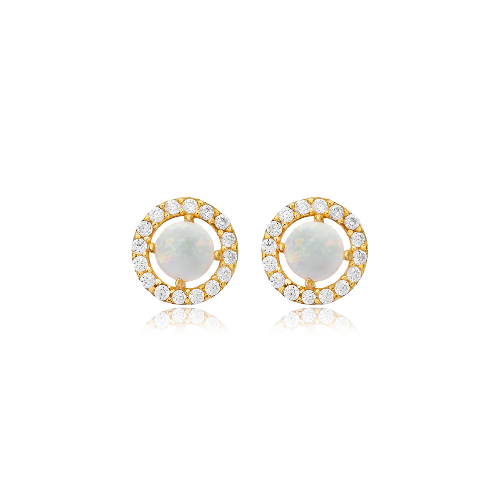 White Opal Stone Round Design Silver Handmade Stud Earrings