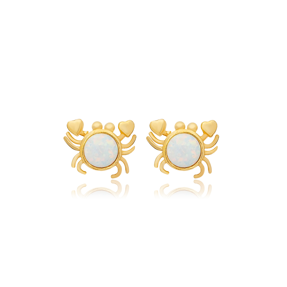 Crab Animal White Opal Stone Silver Stud Earrings Jewelry