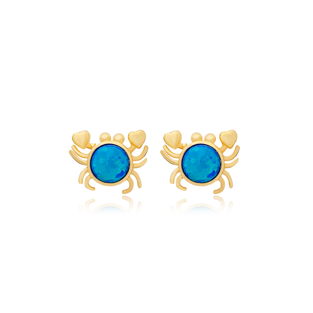 Blue Opal Stone Crab Animal Stud Earrings Silver Jewelry