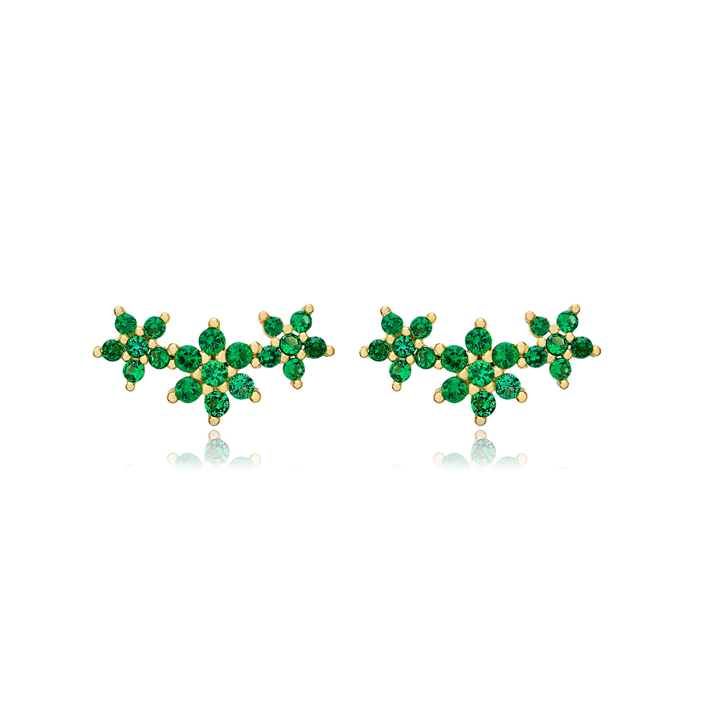 Triple Flowers Design Emerald Zircon Stone Stud Earrings Turkish Handcrafted Wholesale 925 Sterling Silver Jewelry