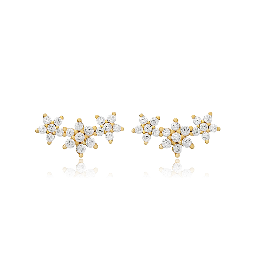 Triple Flowers Design Clear Zircon Stone Stud Earrings Turkish Handcrafted Wholesale 925 Sterling Silver Jewelry