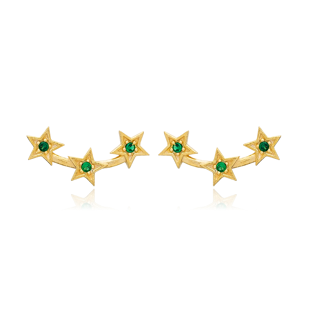 Triple Stars Design Emerald with Zircon Stone Stud Earrings Turkish Handcrafted Wholesale 925 Sterling Silver Jewelry