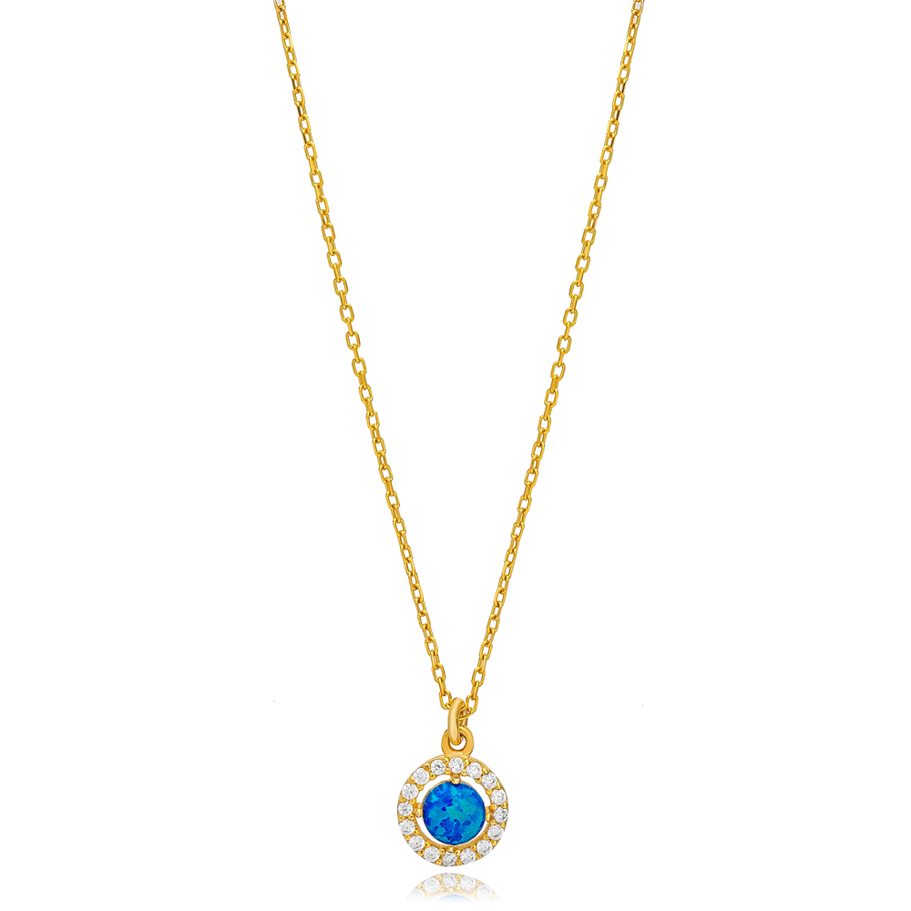 Elegant Blue Opal Stone Charm Necklace Turkish Handcrafted Wholesale 925 Sterling Silver Jewelry