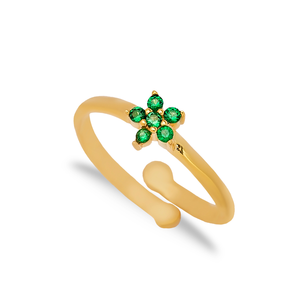 Flower Design Emerald Stone Adjustable Ring Turkish Handmade Wholesale 925 Sterling Silver Jewelry