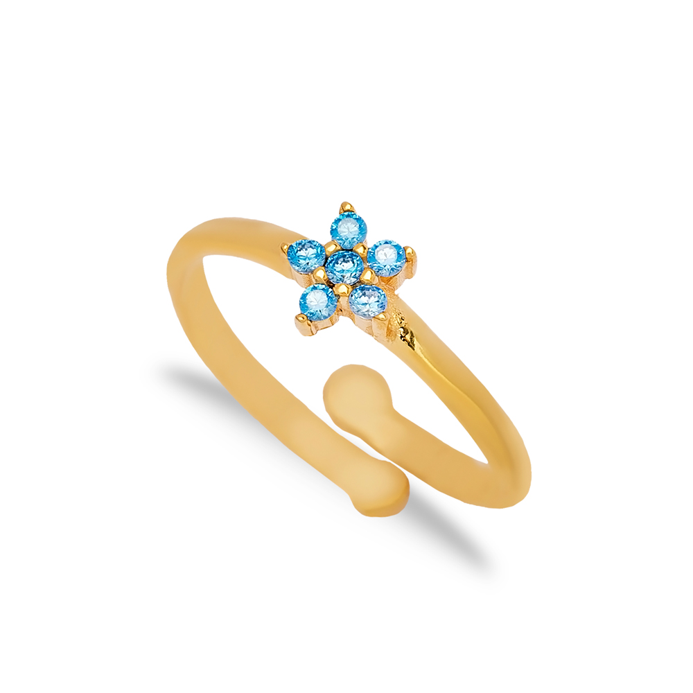 Flower Design Aquamarine Stone Adjustable Ring Turkish Handmade Wholesale 925 Sterling Silver Jewelry