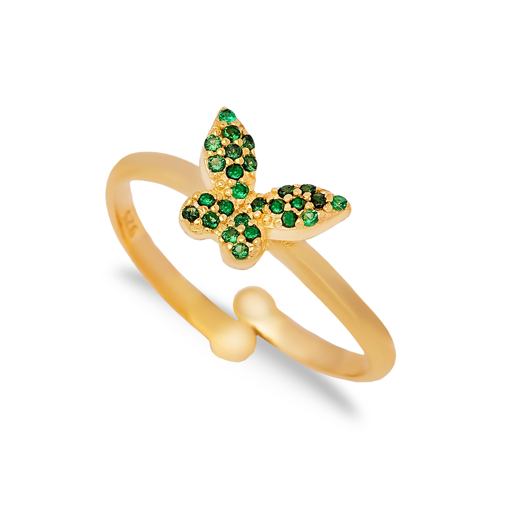 Butterfly Design Emerald Stone Adjustable Ring Turkish Handmade Wholesale 925 Sterling Silver Jewelry