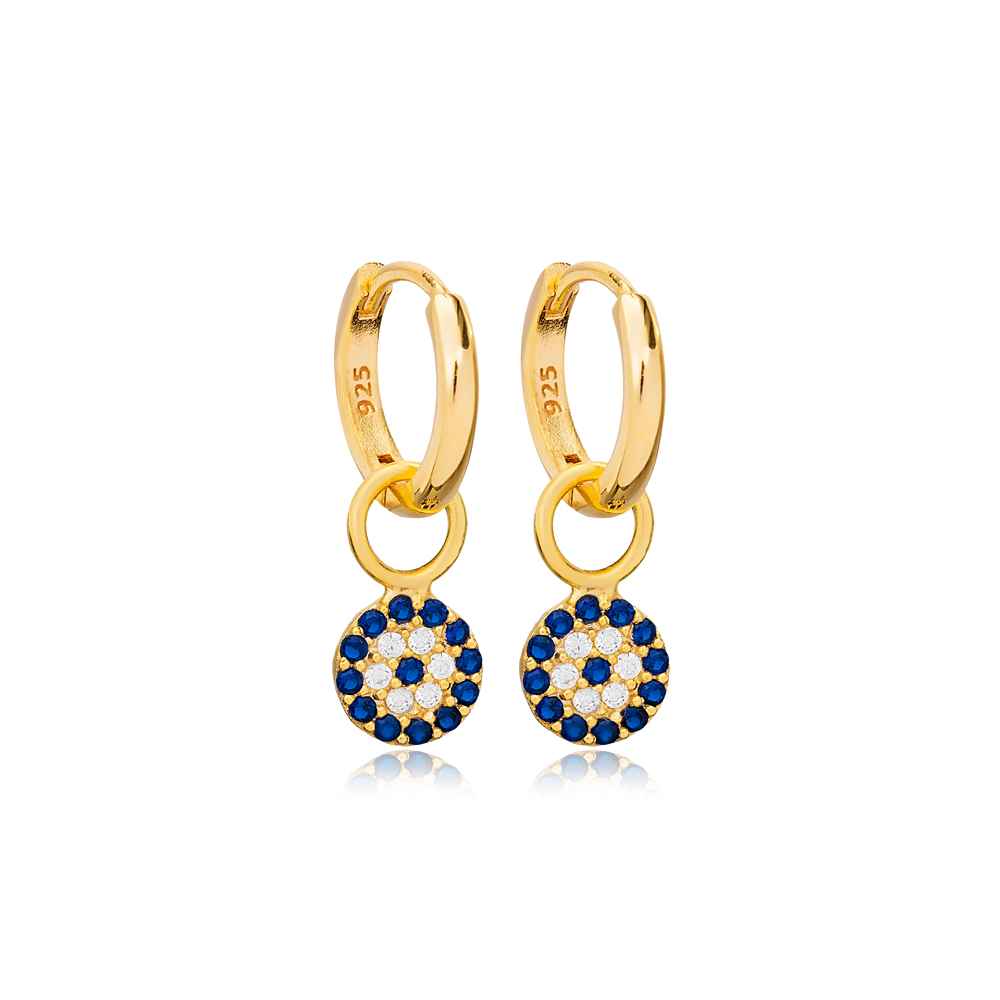 Round Shape Evil Eye Design Sapphire with Zircon Stone Turkish Handmade Dangle Earrings 925 Sterling Silver Jewelry