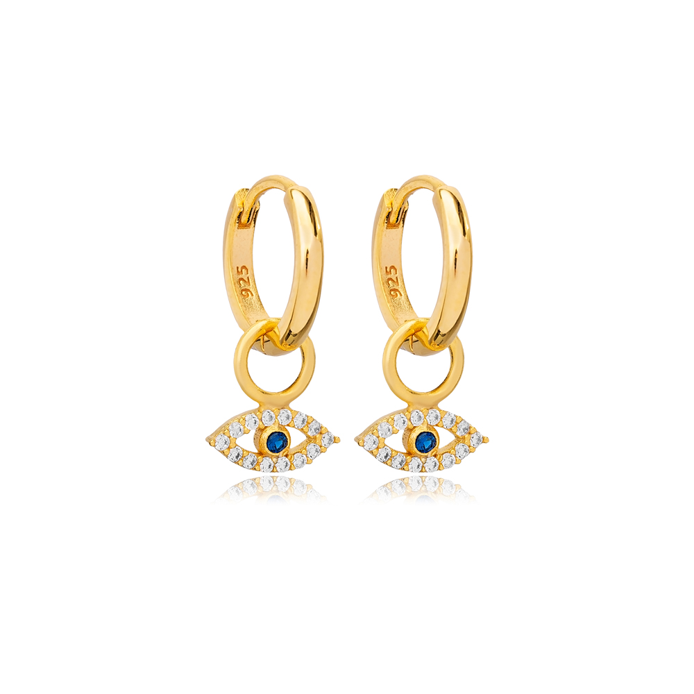 Eye Shape Eye Design Sapphire with Zircon Stone Dangle Earrings Turkish Handmade 925 Sterling Silver Jewelry