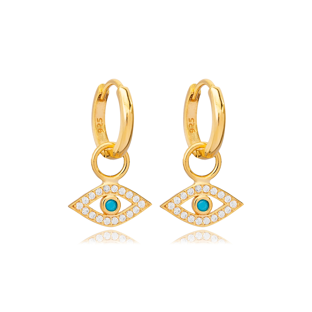 Eye Shape Eye Design Turquoise with Zircon Stone Dangle Earrings Turkish Handmade 925 Sterling Silver Jewelry