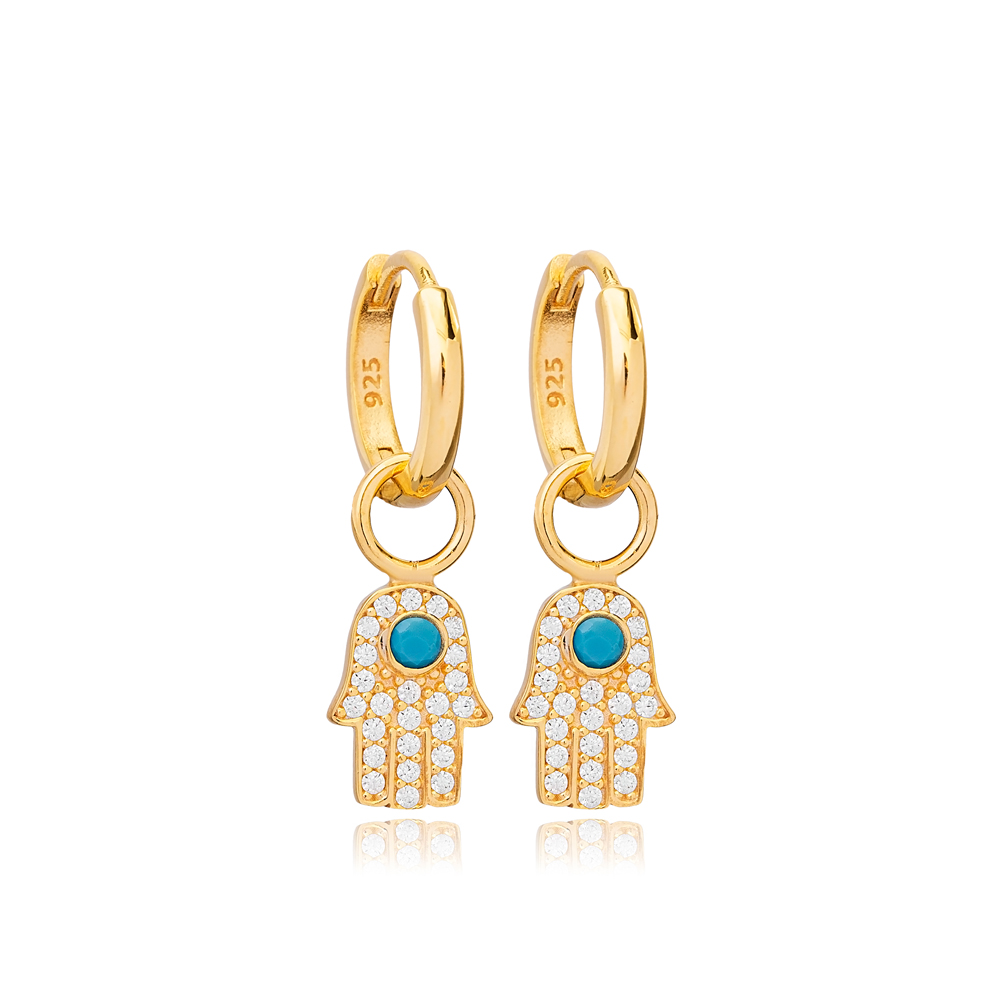 Hamsa Design Turquoise with Zircon Stone Dangle Earrings Turkish Handmade Wholesale 925 Sterling Silver Jewelry