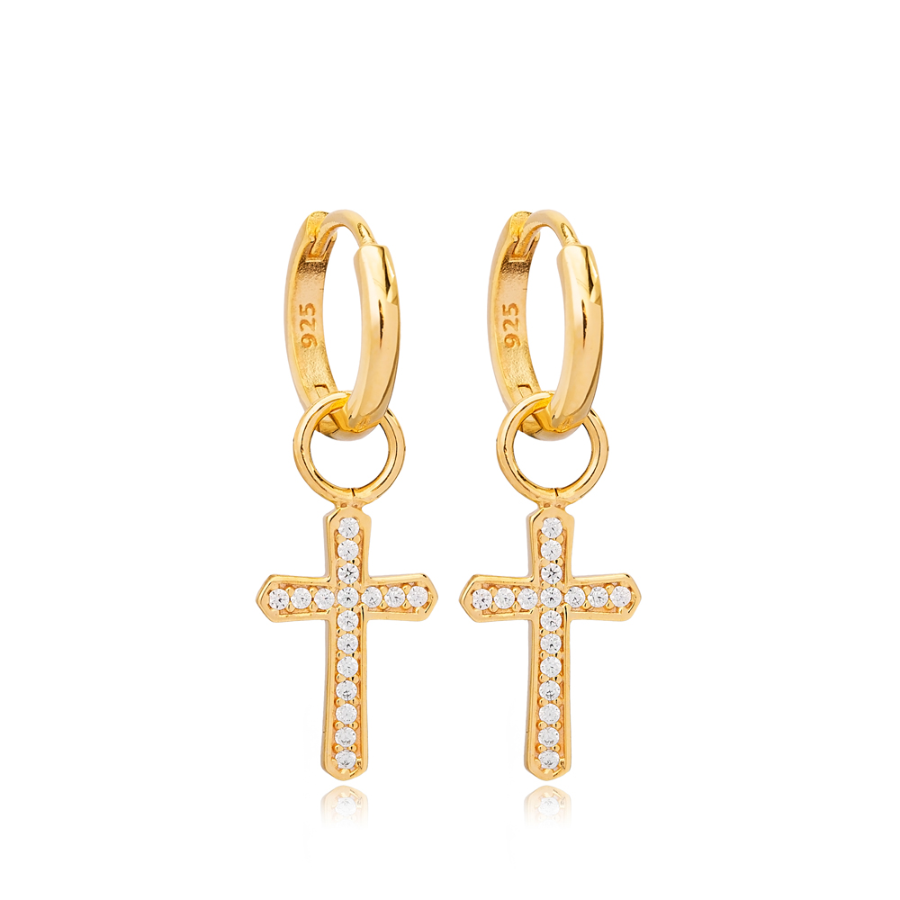 Cross Design Zircon Stone Christian Collection Dangle Earrings Turkish Handcrafted 925 Sterling Silver Jewelry